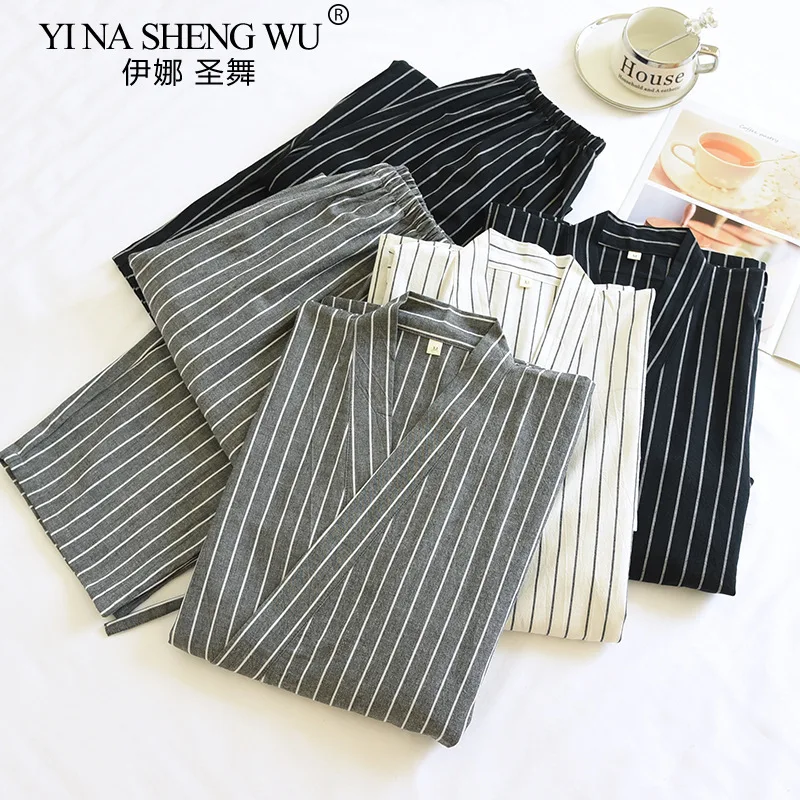 Men's Cotton Kimono Robes Pajamas Clothes Thin Spring and Autumn Streak Black Colors Home Clothes Loose Casual Men Robe Sets