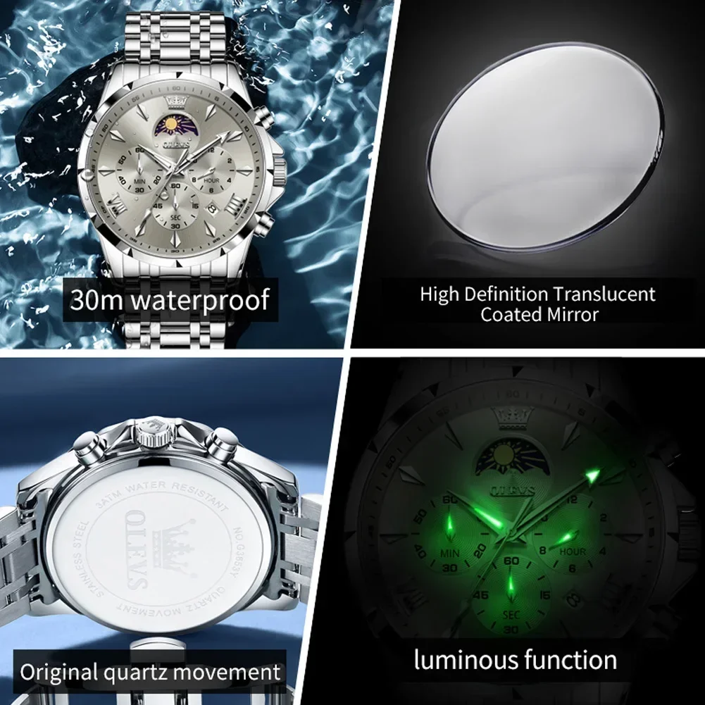 OLEVS Men's Stainless Steel Waterproof Quartz Watch with Moon Phase and Luminous Calendar