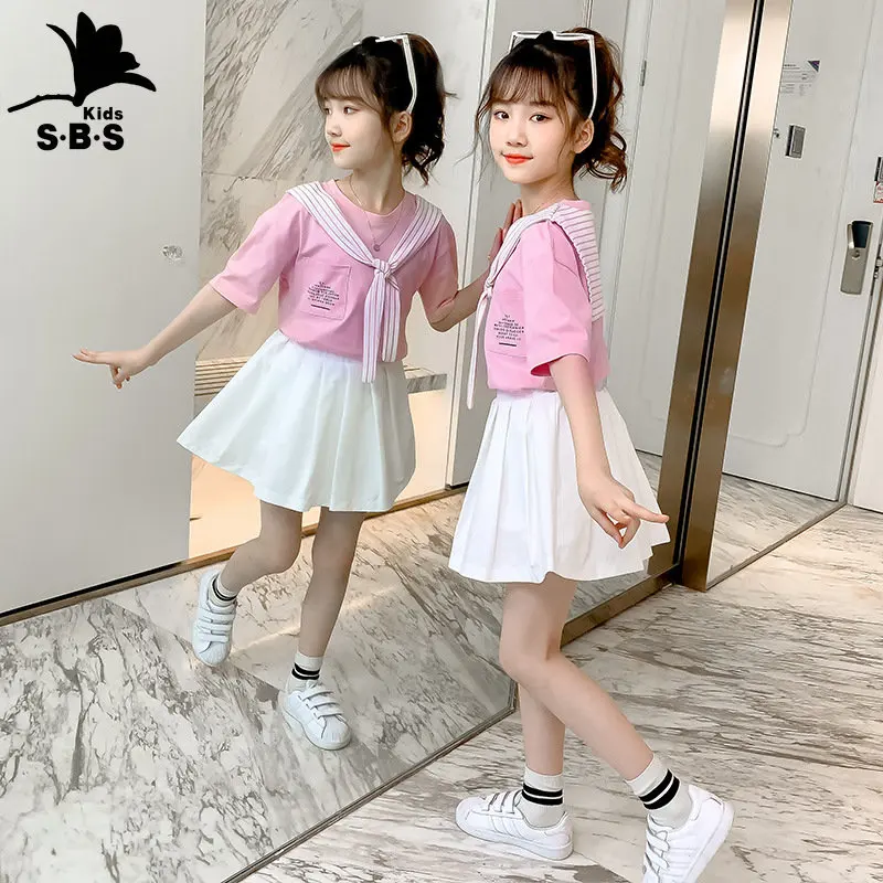 

Girls' summer suit 2023 new children's and students' pleated skirts and college style 2-piece set