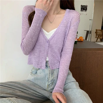 Sheer Ribbed Knit Cardigan with One Button Long Sleeve Crop Top Women Teen-girl Spring Summer 2026 Shrunken Cardigan 1