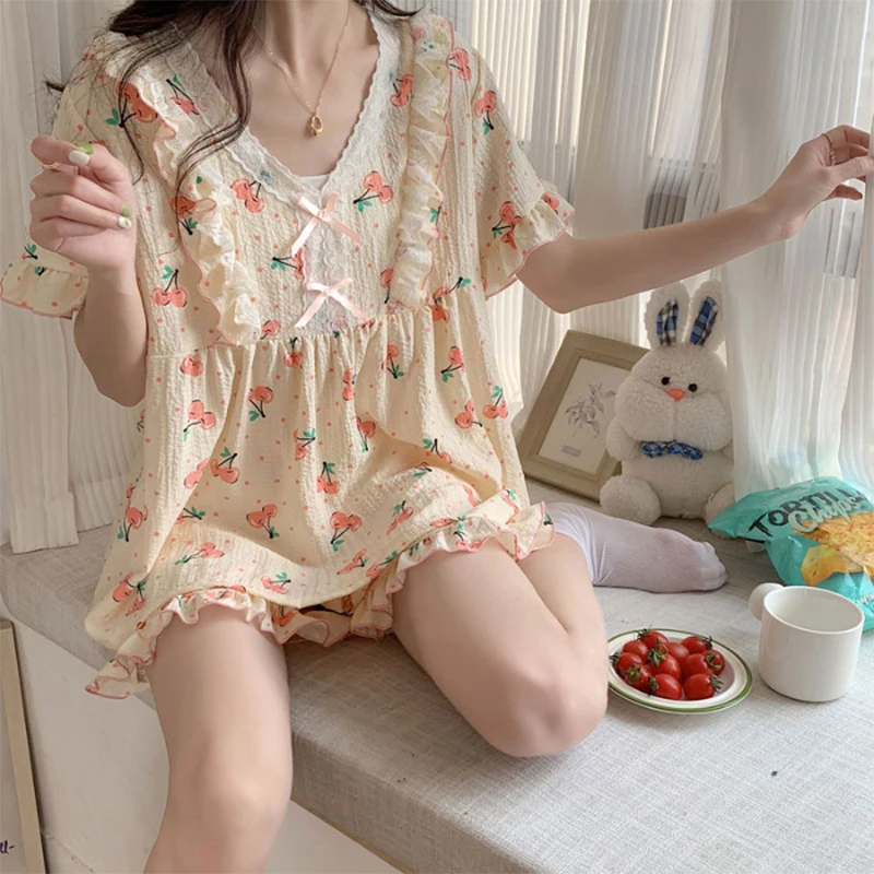 

Cute Print Women's Pajama Set Korea Style Short Sleeve Ladies Sleepwear 2 Pcs with Shrots Summer Thin Cherry Print Homewear