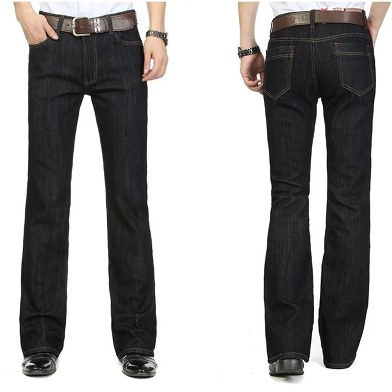2023 High Quality Men Winter Worm Fleece Black Blue Boot Cut Jeans Business Casual Flare Pants Mid Waist Trousers 2