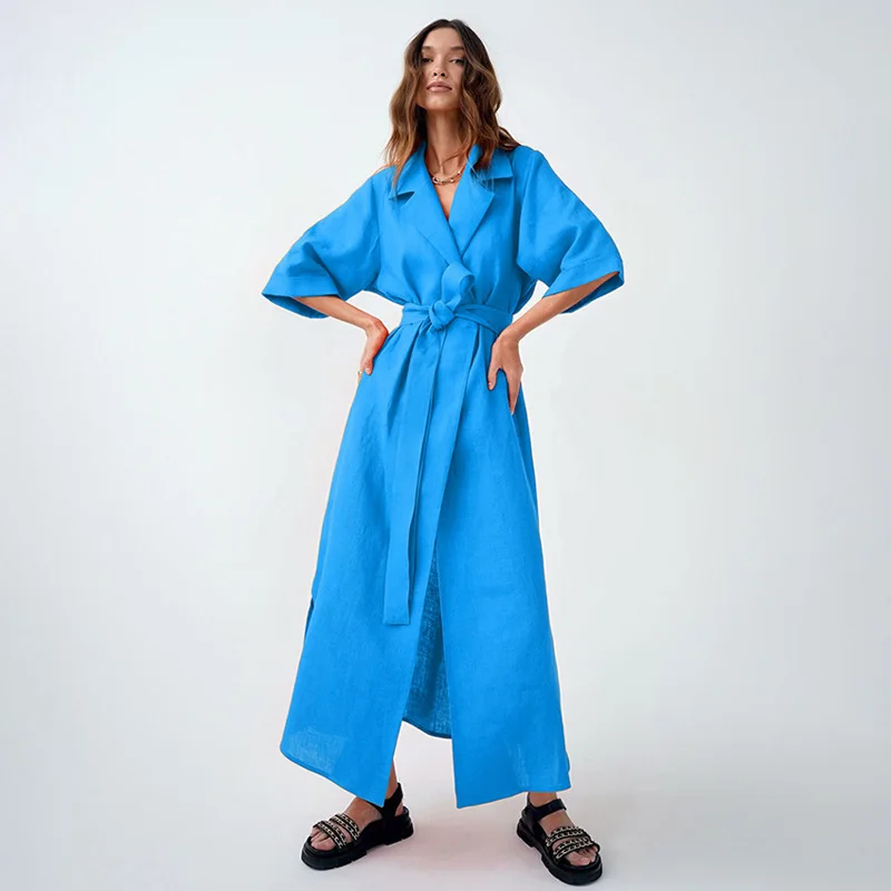 2022 Summer Spring Women Robe Midi Dress Lace Up V-neck Cotton Linen Solid Blue Short Sleeve Loose Fit Flare Slit Wrap Dress