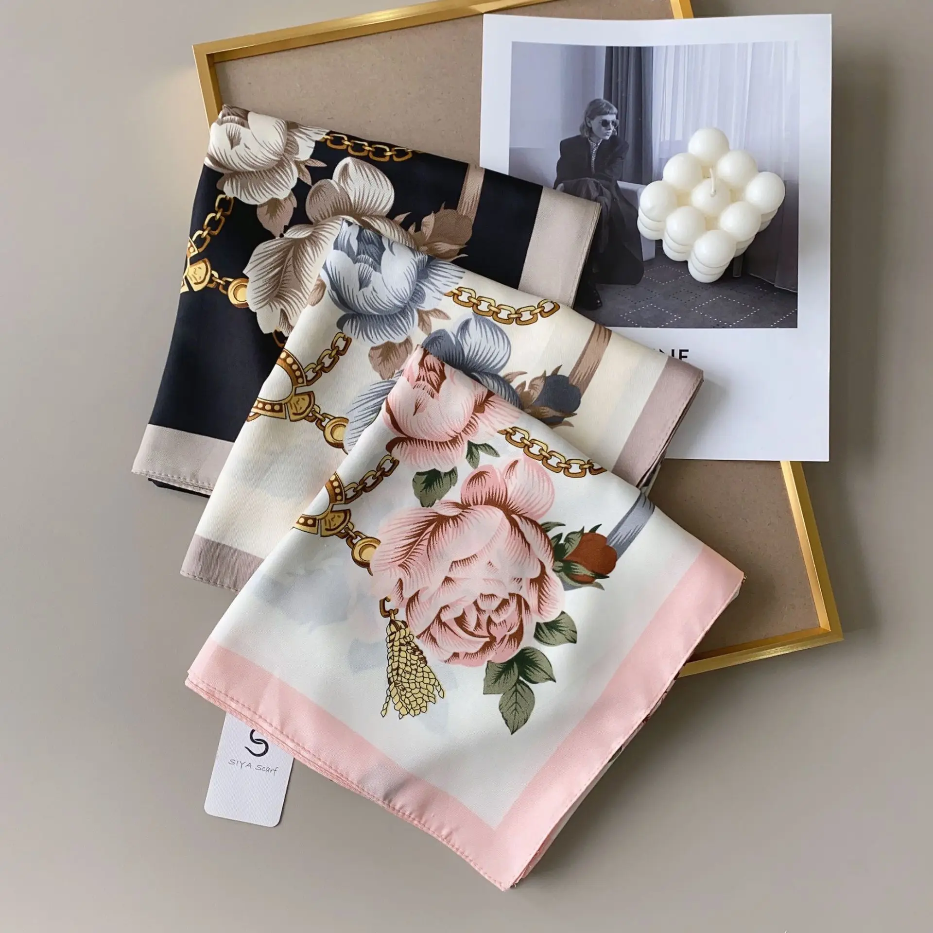 NEW Design Flower Twill Silk Women Scarf Sunscreen Foulard Shawl Hijab Female Hair Hijab Wraps Neckerchief Bandanda Echarpe 4