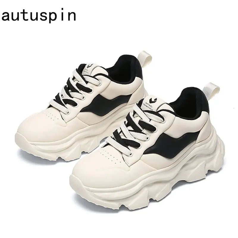 

Autuspin Winter Warm Casual Shoes Fashion Stretch Microfiber Fabric Ladies Sport Sneakers Student Outdoor Lace Up Running Shoes