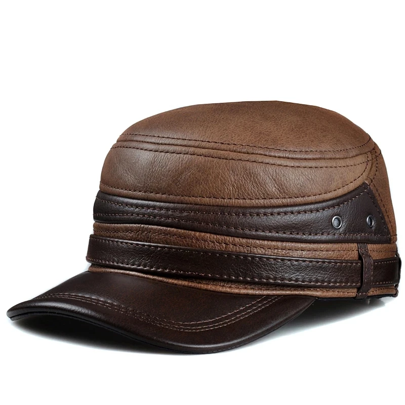 

New 2024 Winter Men Genuine Leather Ceiling Earmuffs Flat Hat Male Keep Warm Leisure 57-60 cm Adjustable Gorro Cow Skin Caps