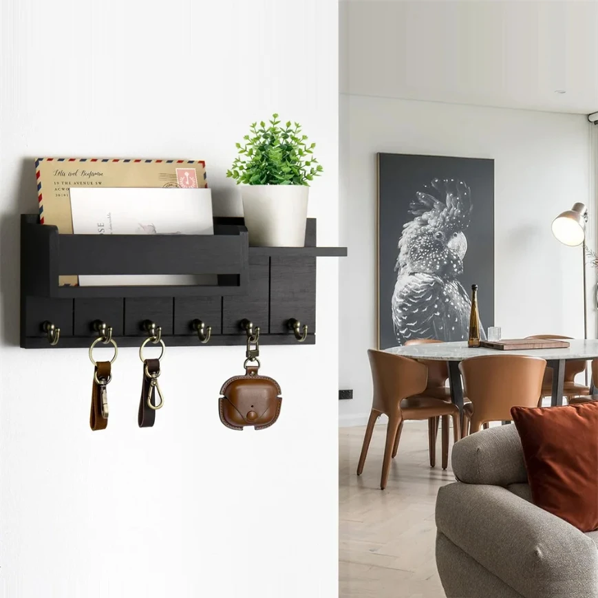 Rustic Wood Key Holder with Shelf Wall Mounted Decorative Key Rack And Mail Organizer 6 Key Hooks for Living Room Entrance 2