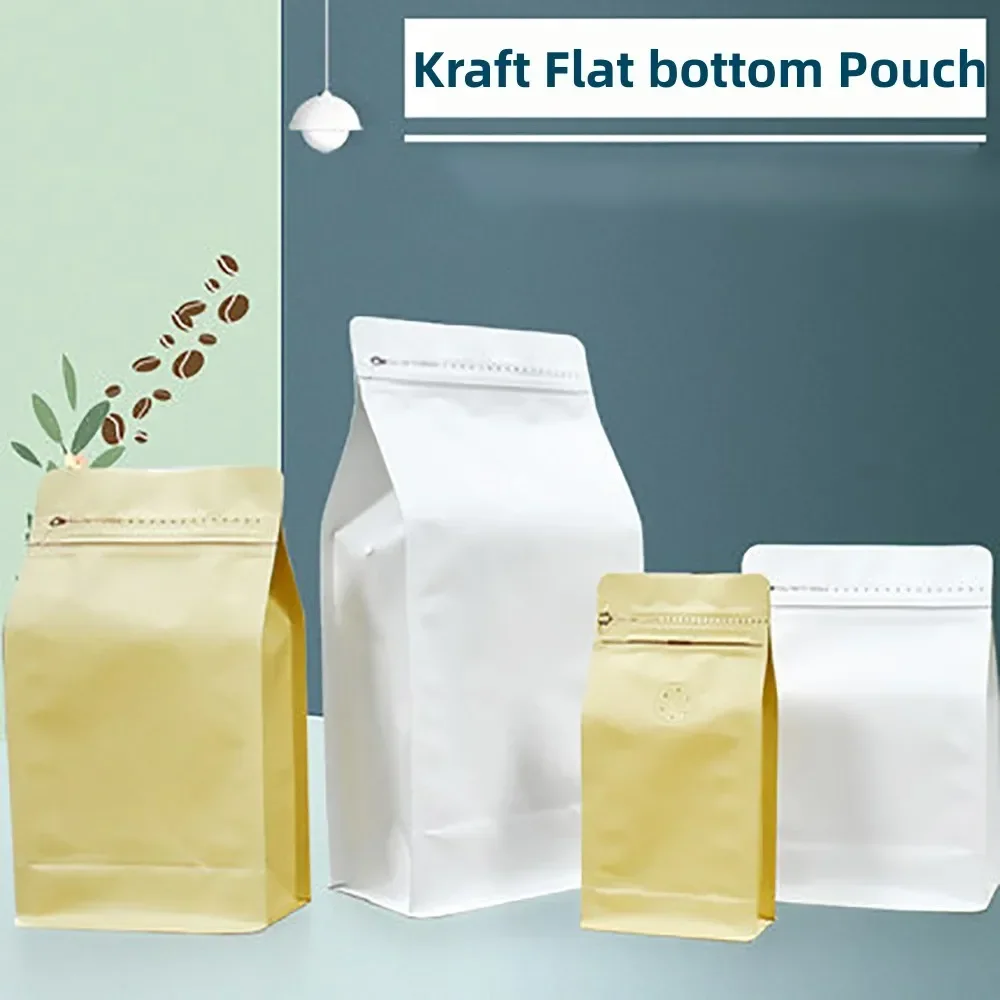 100PCSResealableFlatBottomWhiteBrwonKraftPaperBags500gCustomCoffeeBeanTeaBags