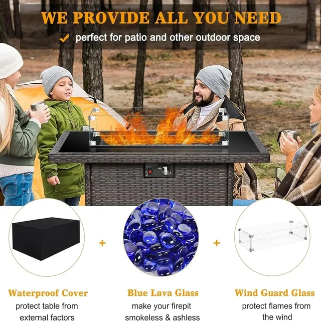 44" Propane Fire Pit Table 55000 BTU Rectangular Design with Glass Wind Guard for Outdoor Patio, Deck, Backyard 4