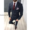 Navy Blue Stripe Double Brested Peak Lapel Men's Suits Slim Fit Business High Street Male Clothing 2 Piece Jacket Pants Full Set 1