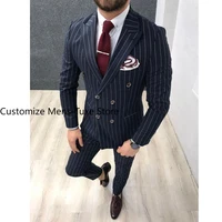 Navy Blue Stripe Double Brested Peak Lapel Men's Suits Slim Fit Business High Street Male Clothing 2 Piece Jacket Pants Full Set 1