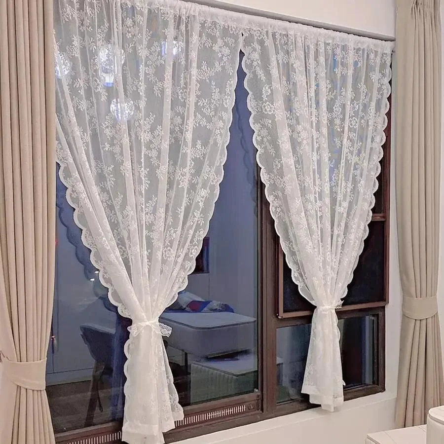 2pcs elegant solid-color curtains with wave lace trim. Holiday home decor. 4