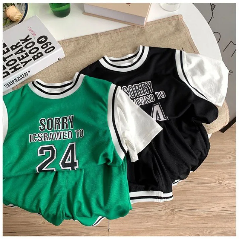 Boys Basketball Uniform Set Summer Loose Sporty Two-Piece Suit Casual Cotton Blend Comfortable Breathable Kids Clothing - 3