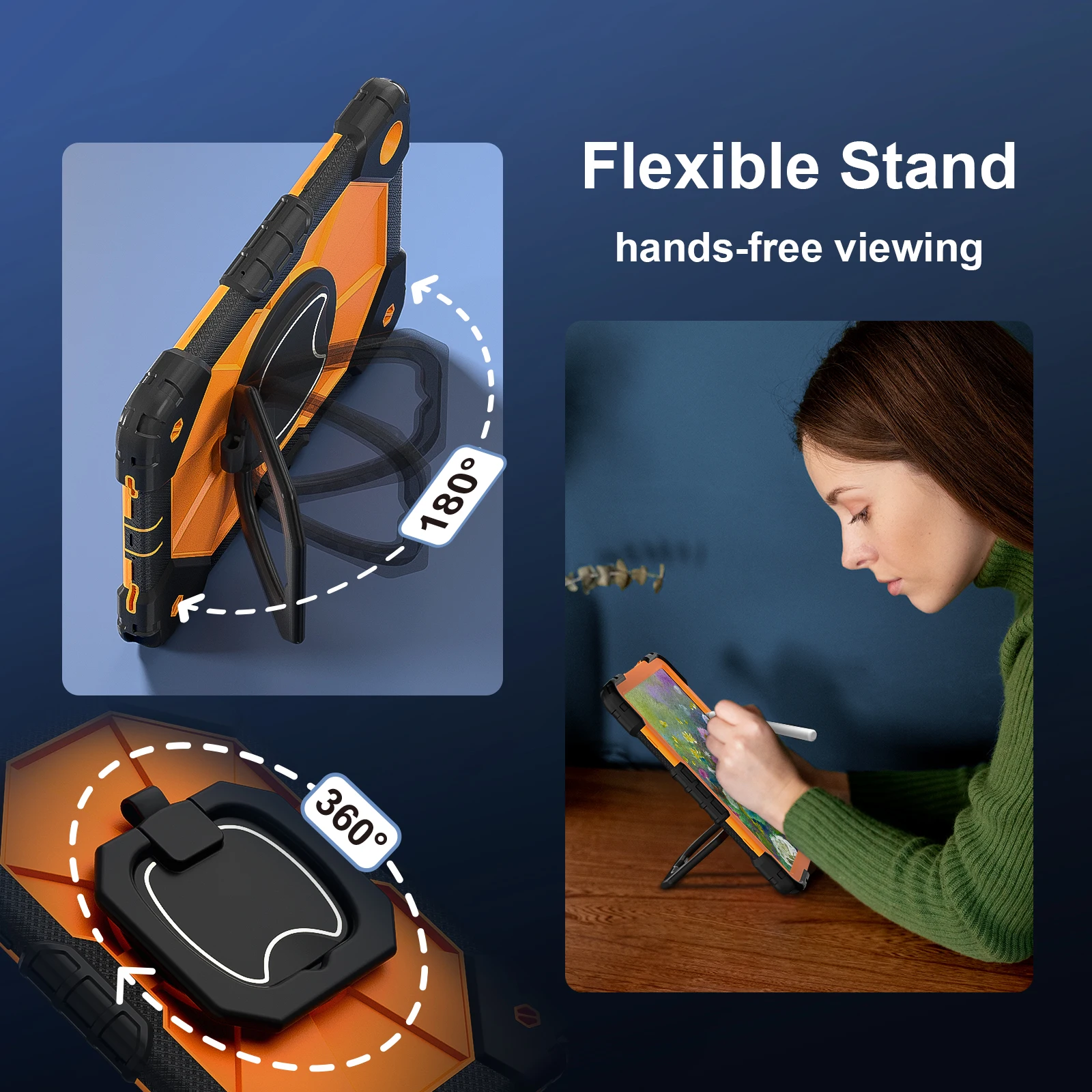 Heavy Duty Rotating Case with Stand, Handle Grip, and Neck Strap
