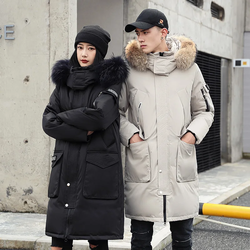 Winter New Women'S and mens Hooded Down Jacket Oversized Long Loose Clothing Coat Korean Fashion big fur Warm white duck down