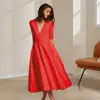 Robe mi-longue élégante à col en V, monochromatique, robe trapèze, ourlet fluide, demi-manches, fête, soirée
