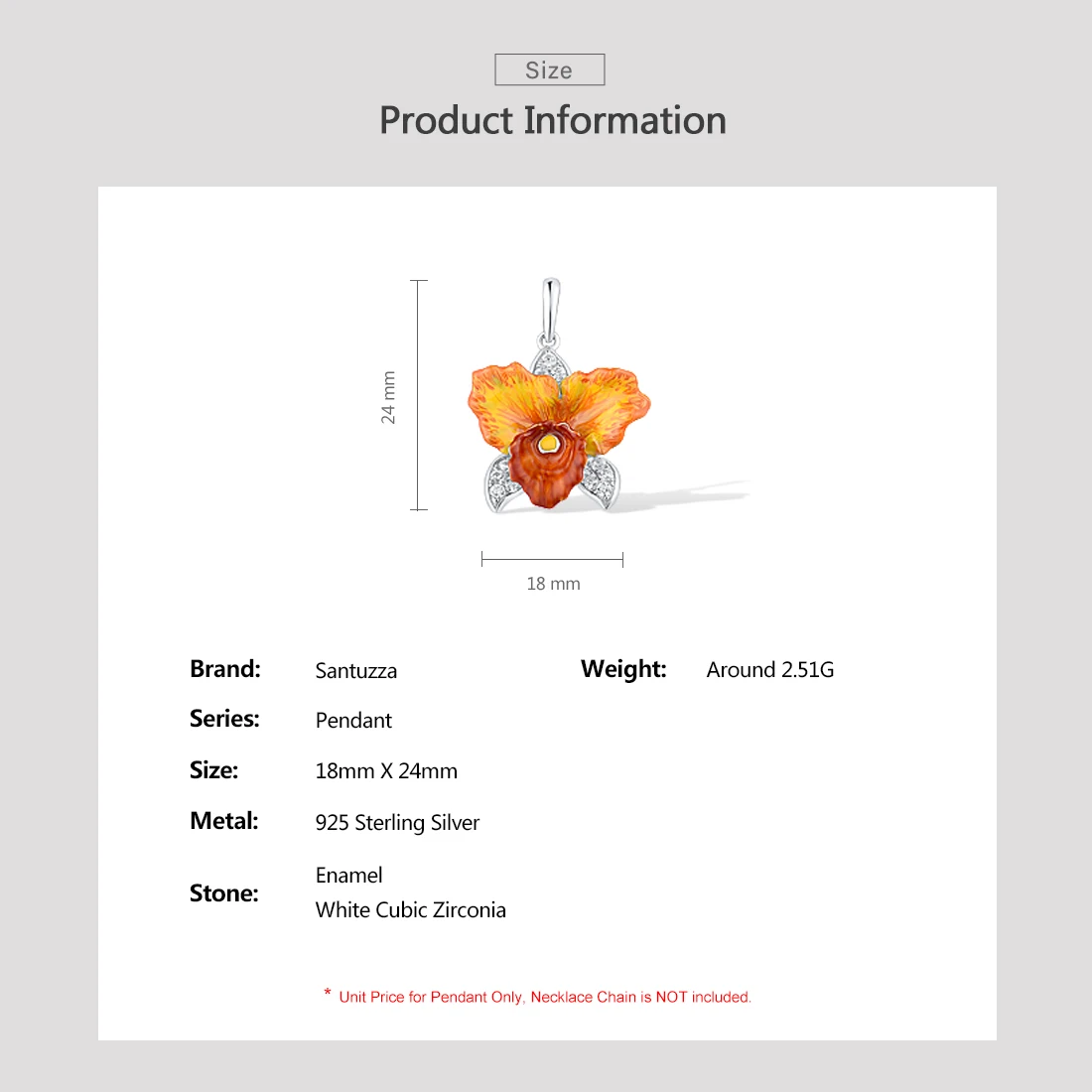 SANTUZZA Pure 925 Sterling Silver Pendant For Women Sparkling Orange Orchid Flower Trendy Party Gifts Fine Jewelry Enamel