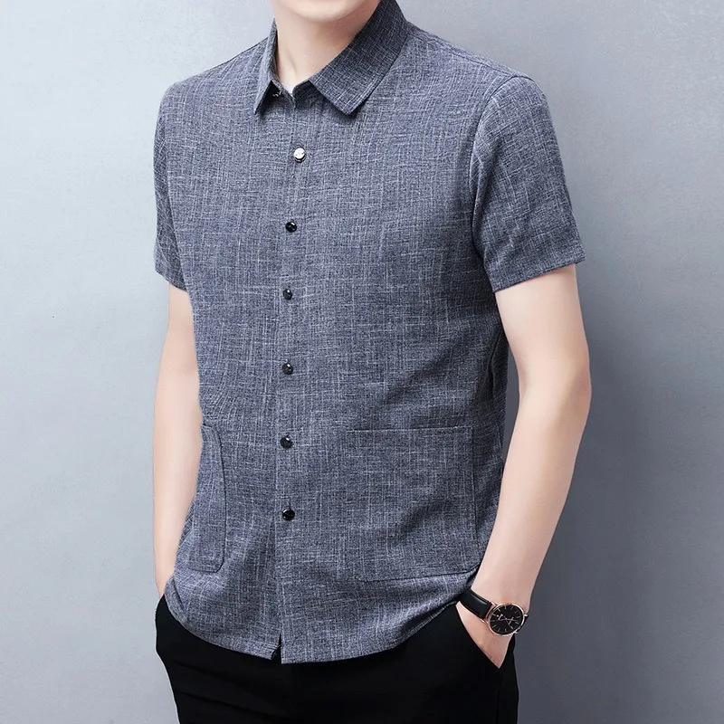 Summer men's shirt short-sleeved imitation linen thin section solid color