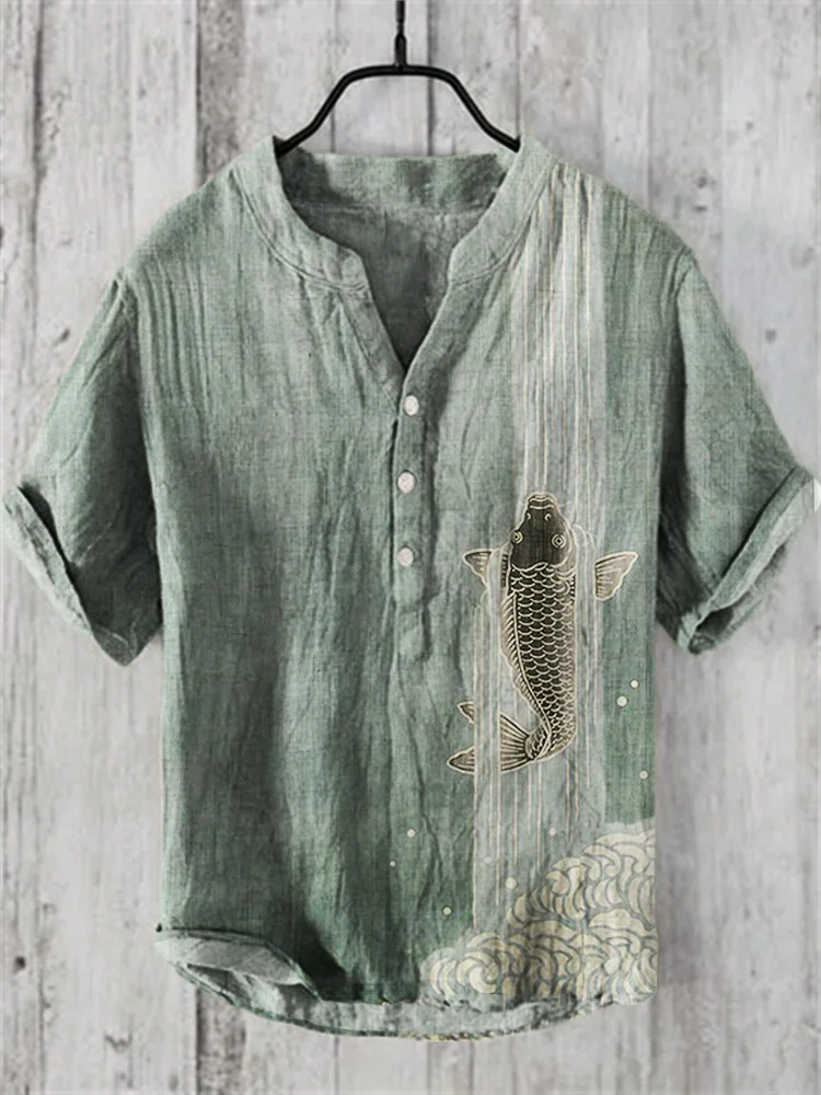 Vintage Clothes Cardigan Men Clothes Offer Casul Shirts Print Short Sleeve Henry Shirt Mens Clothing Summer Men's Tops