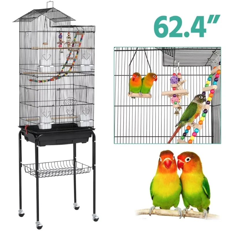 

62.4" Rolling Mid-Size Bird Cage with Perches, Black