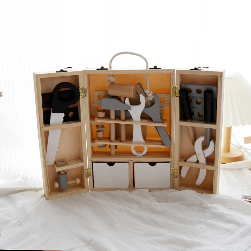 

Baby Men Women Black White Toolbox Wooden Box Storage Versatile Disassembly Assembly Engineer Nut Combination Kindergarten Toys