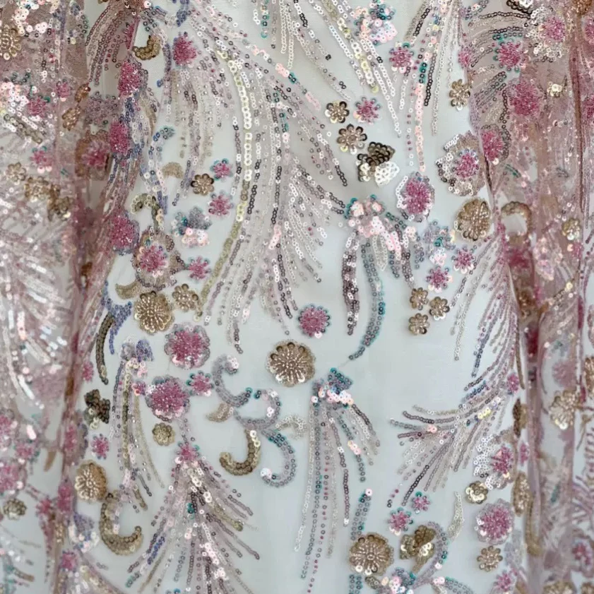

High quality mesh fabric Pink sequin flower embroidery tissus Dress skirt dress accessories material