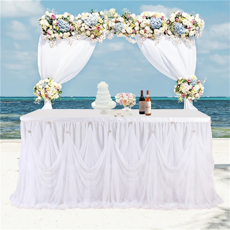 Hanging Drill White Table Skirt Wedding Decoration Home Birthday Party Table Halloween Scene Layout Tutu Fluffy Gauze Skirt