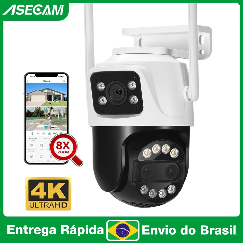 ASECAM Camera de Segurança Wifi 12MP 6K 8X Zoom Ecrã duplo Ai Deteção humana Rastreio automático Exterior iCSee do Brazil