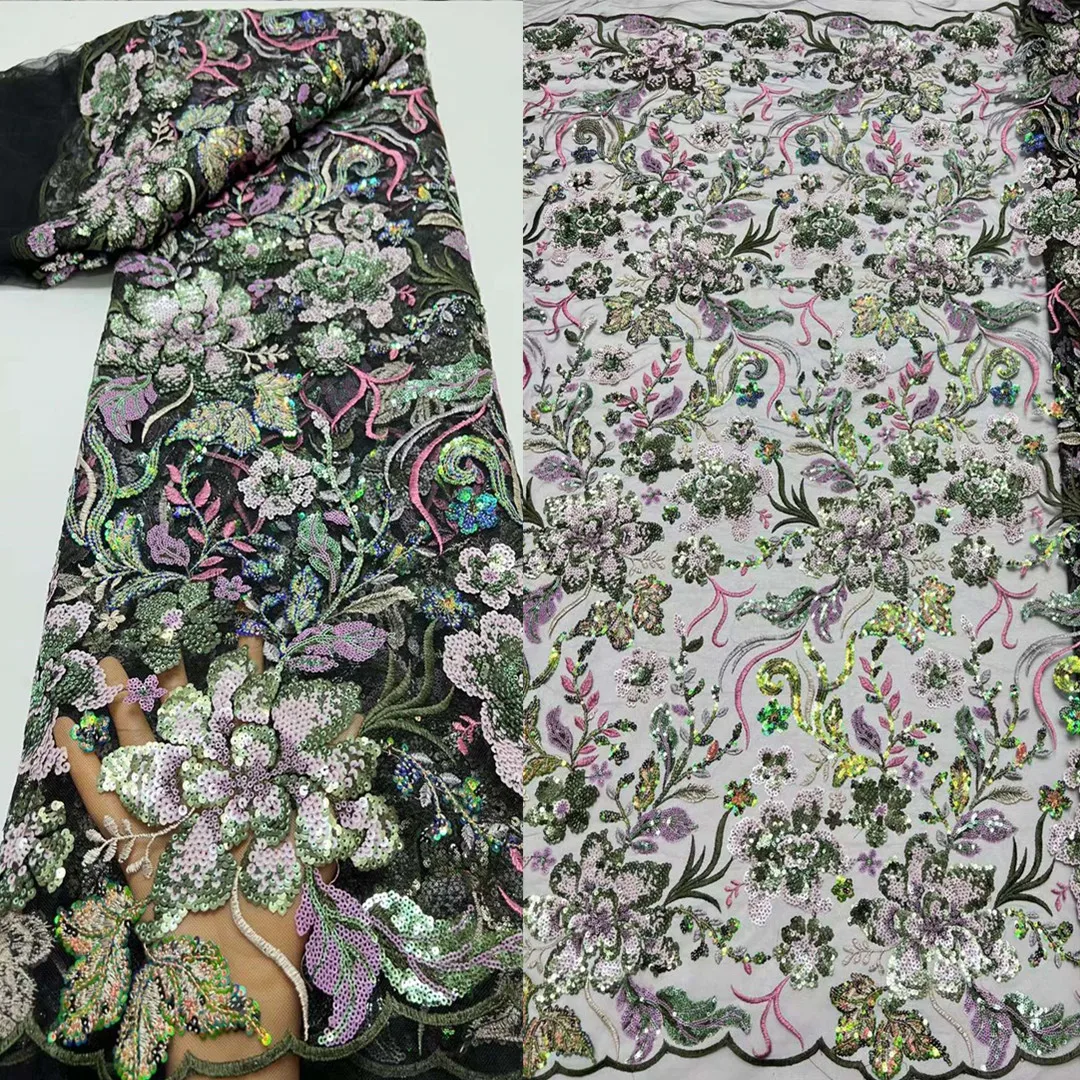 

Pretty Mulit color Sequins Embroidery French Mesh yarn African Sequins Nigeria Fabirc lace For Evening dresses Weddings Party