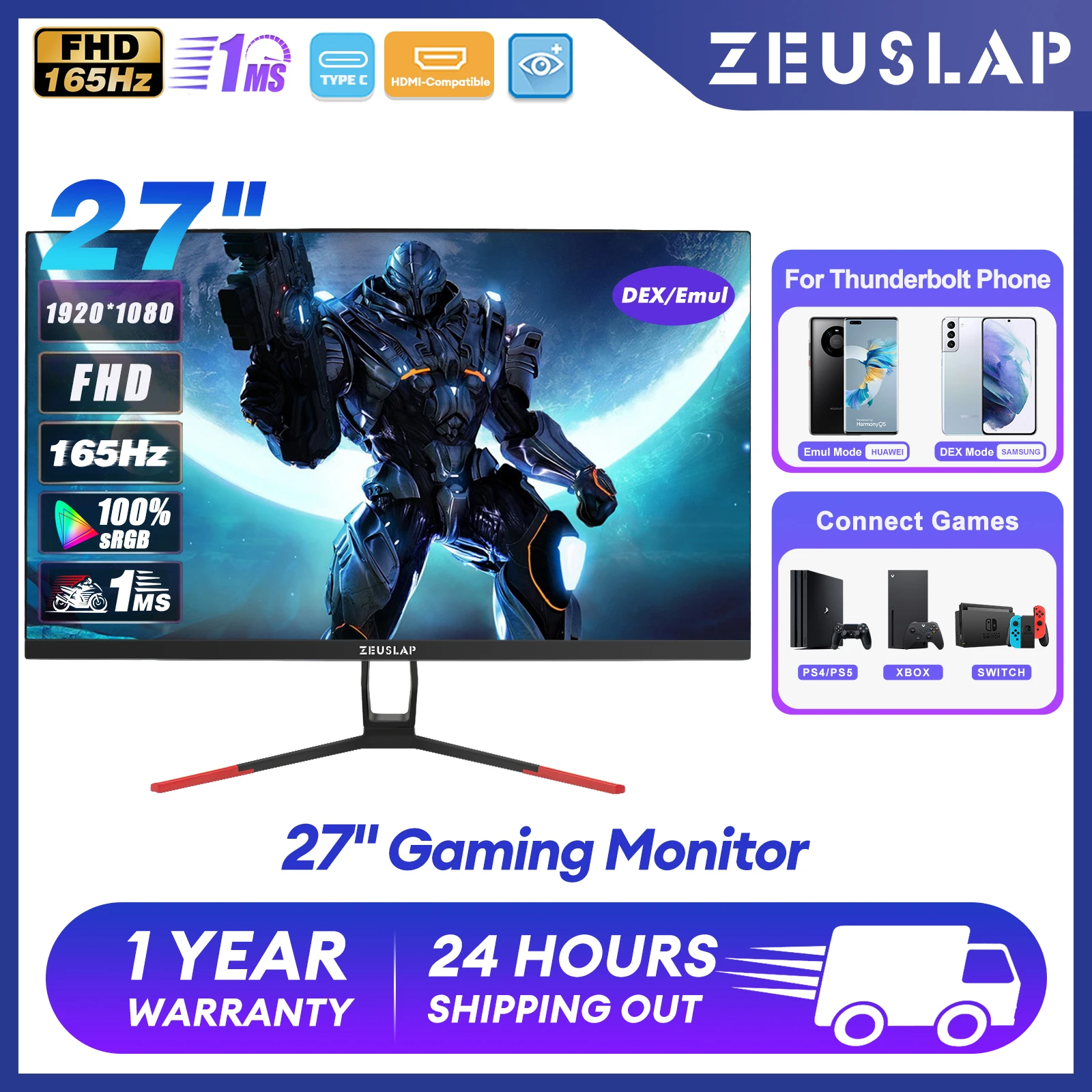 Zeuslap 27 Monitor Fhd 165hz 19 1080p 100 Srgb Hdr Led Gaming Computer Mini Pc Display With Type C For Phone Xbox Ps4 Ps5 Lcd Monitors Aliexpress