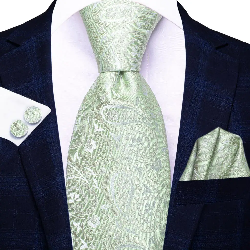 

Sage Green Paisley 2022 New Fashion Brand Ties for Men Wedding Party Necktie Set Handky Cufflinks Gift Wholesale Hi-Tie