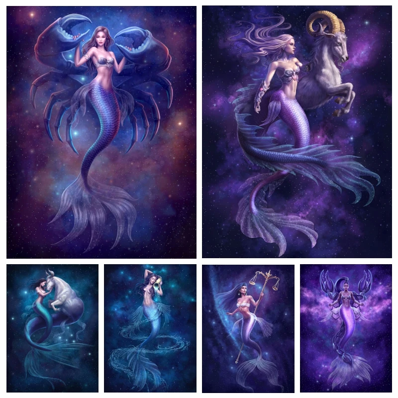 

Fantasy Blue Mermaid Zodiac Goddess AB Diamond Painting Full Drills Constellation Fairy And Animals Cross Stitch Home Decor