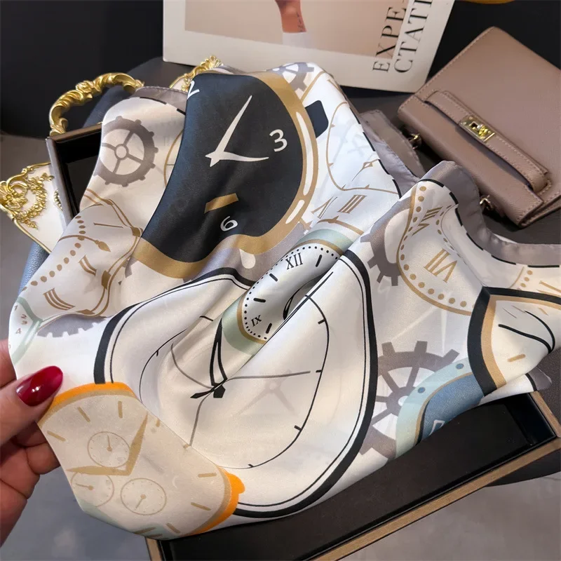 Uhr Muster Luxus Quadratische Schals Damen Satin Schal Bandana Halstuch Krawatten Haarbänder Taschen Foulard Schal – Detail 13