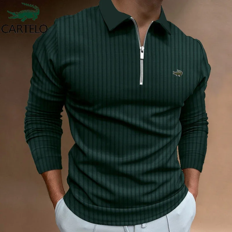 

CARTELO Brand POLO Shirt Zipper Stripe Men's Long Sleeve T-Shirt threaded Sports Casual Turn Down Collar Embroidered T-Shirts