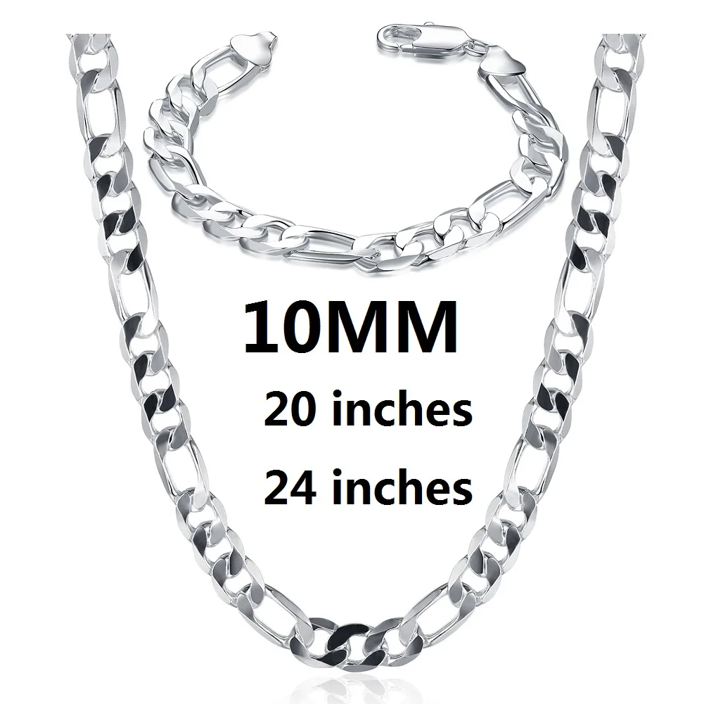 

High quality 925 Sterling silver classic 10MM Figaro Chain bracelets neckalces for man women fashion party jewelry set gifts