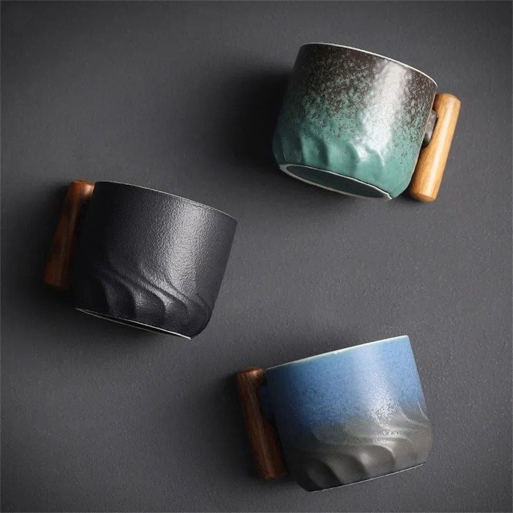 Tea Cup Coffee Mug Coffee Cup Ceramic Retro Coffee Cup Gradient Glazed Ceramic Office Water Cup Filter Tea Mug Wooden Handle Coffee Mug Handmade Tea