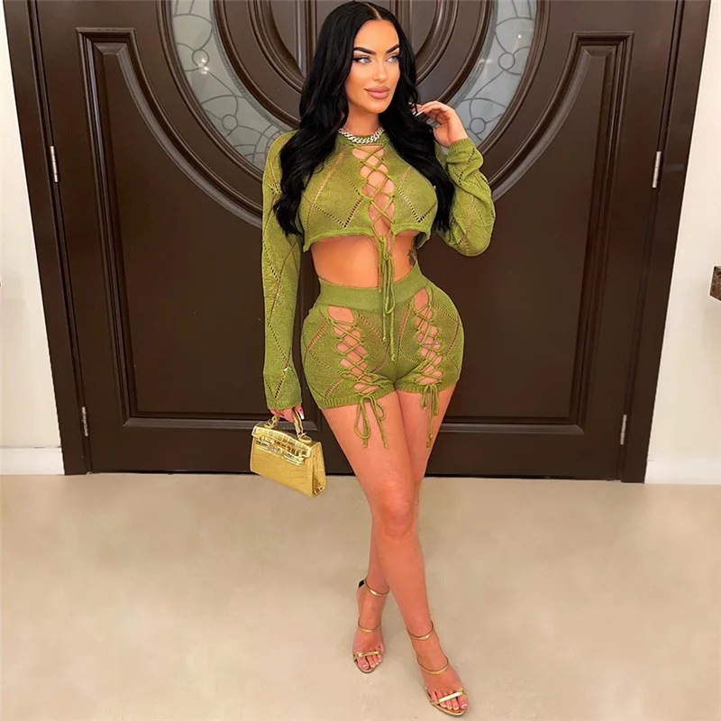 Crochet Knitted Women 2 Piece Set Solid Long Sleeve Lace Up Crop Top Hollow Out Shorts Matching Set 2023 Autumn Sexy Tracksuits