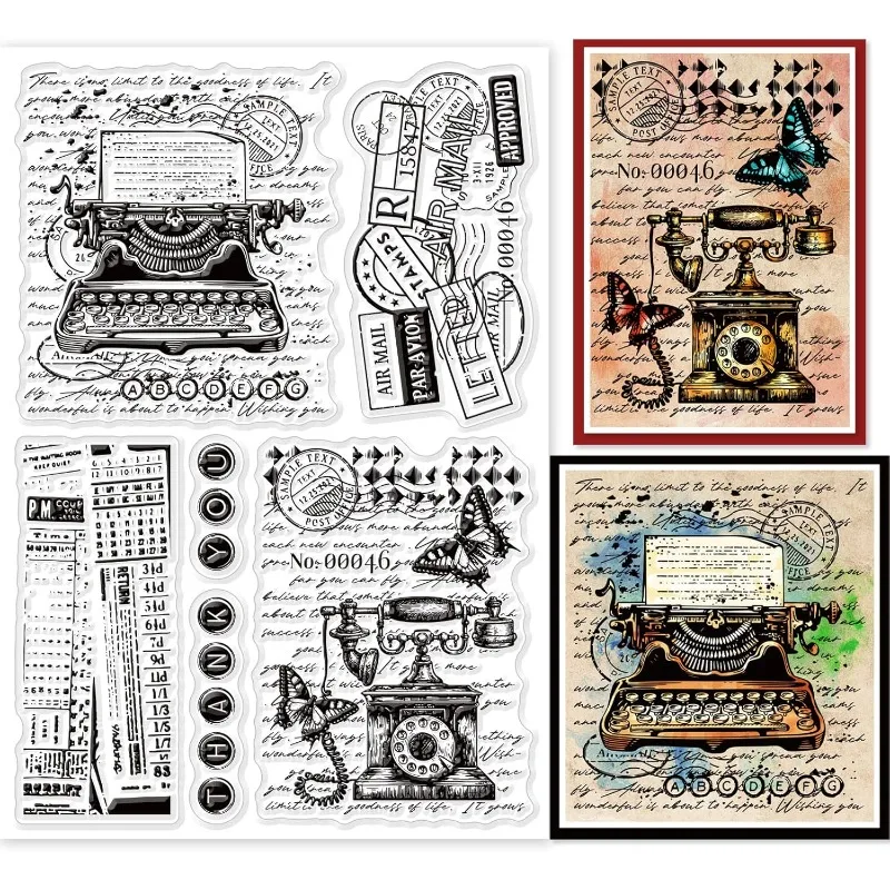Retro Typewriter Background Clear Stamps for Cards Making Vintage Telephone Background Silicone Clear Stamp Seals 1Sheet