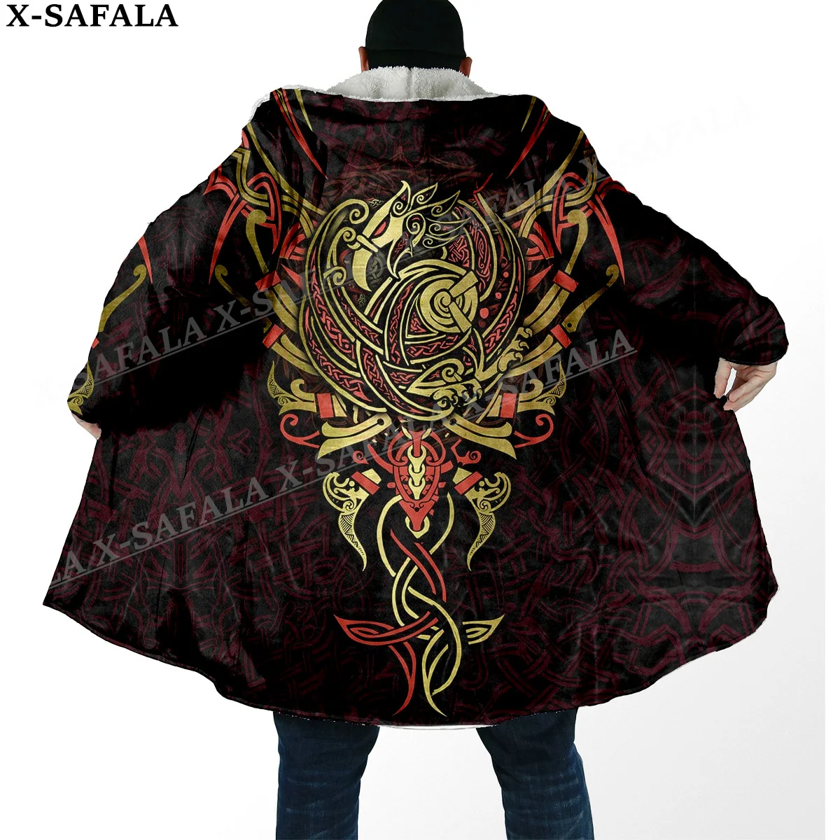 

HULINHJALMUR FENRIR'S WRATH Norse Viking Thick Warm Hooded Cloak Men Overcoat Coat Windproof Fleece Cape Robe Hooded Blanket-2