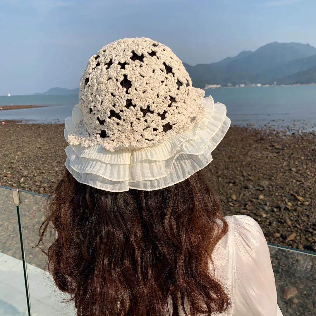 New Women Lace Knitted Bucket Hat  Spring Summer Sunscreen Hollow Fisherman Hat Crochet Beach Caps Sweet Romantic Sun Hat 2022 off white bucket hat