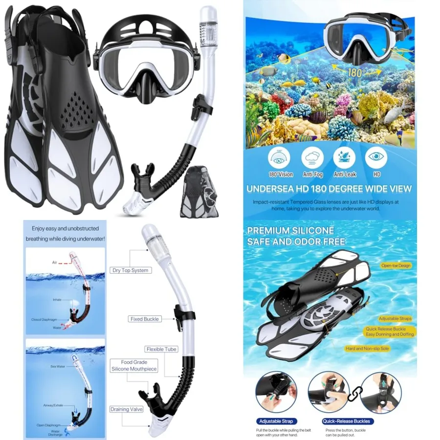 Snorkeling Gear for Adults Men Women, 4 in 1 Snorkel Set with Panoramic View Diving Mask Anti-Fog Anti-Leak, Dry Top Snorkel, F