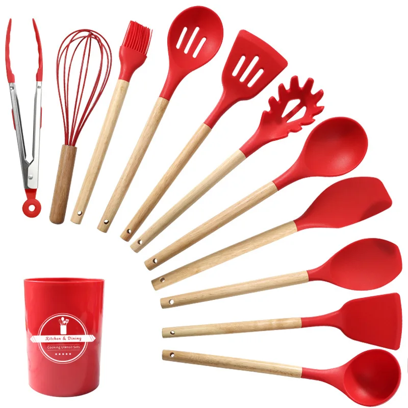 Food-grage silicone spatula soup spoon set wooden handle non stick household kitchenware cooking tool