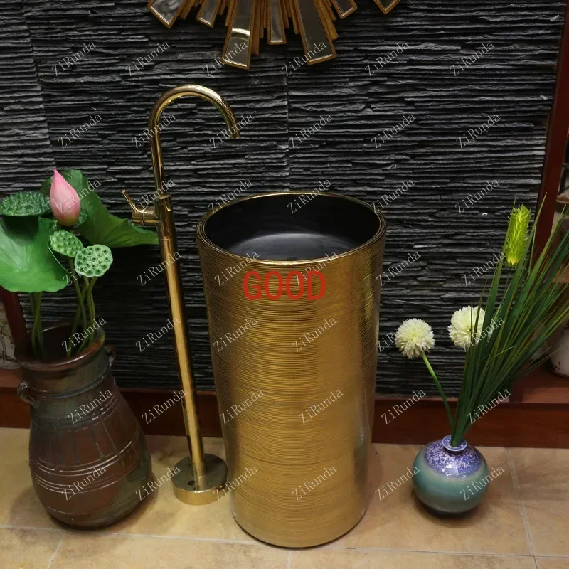 Golden Art Pedestal Basin Ceramic Column Type Washbasin Floor Type Inter-Platform Basin Vertical Wash Column