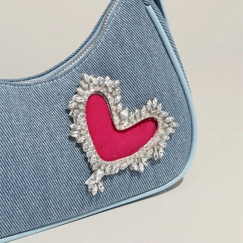 JIAERDI Retro Denim Y2k Bags Purse Women Harajukuu Heart Rhinestone Zipper Casual Shoulder Bags Ladies Vintage Trendy Handbag