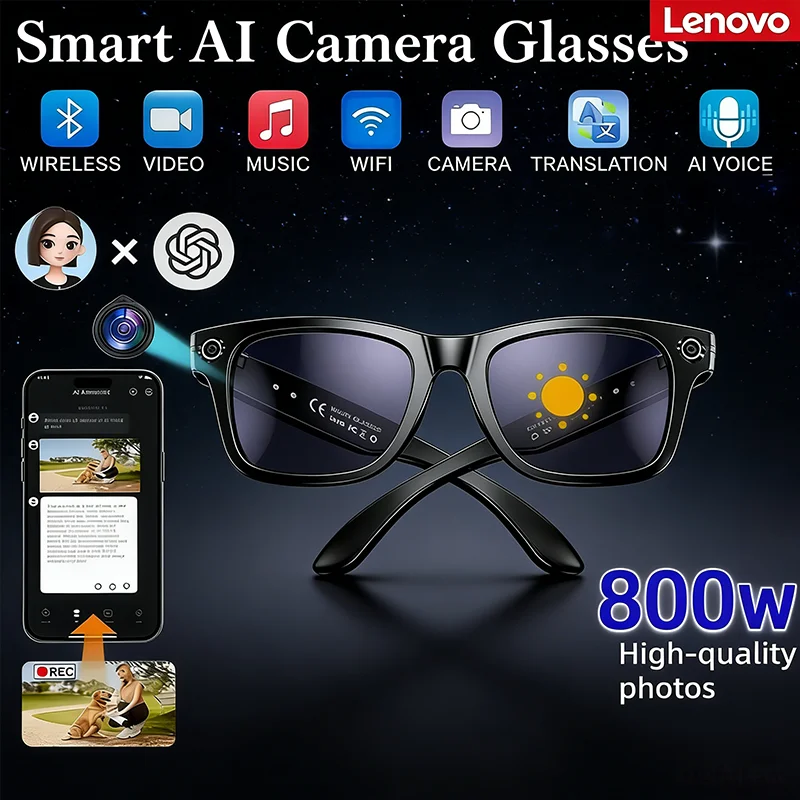 Lenovo 2026 8K HD AI Smart Glasses Bluetooth Call 1200MP Camera ChatGPT Voice Assistant Music Player Translate Smart Sunglasses