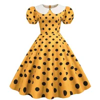 Elegant Women Summer Dress Puff Short Sleeve Polka Dot Peter pan Collar Vintage A-line Midi Long Party Sundress - Image 4