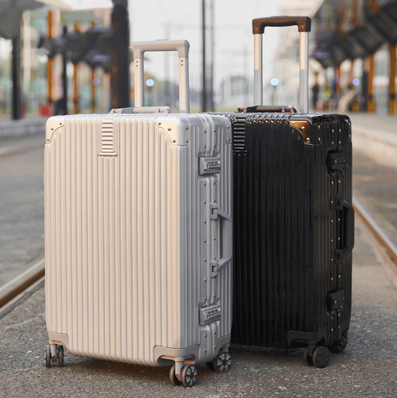 Estuche de equipaje de metal de aluminio, Maleta de negocios, bolsa de carro de moda para viajar, cabina de avión, juego de equipaje de carro