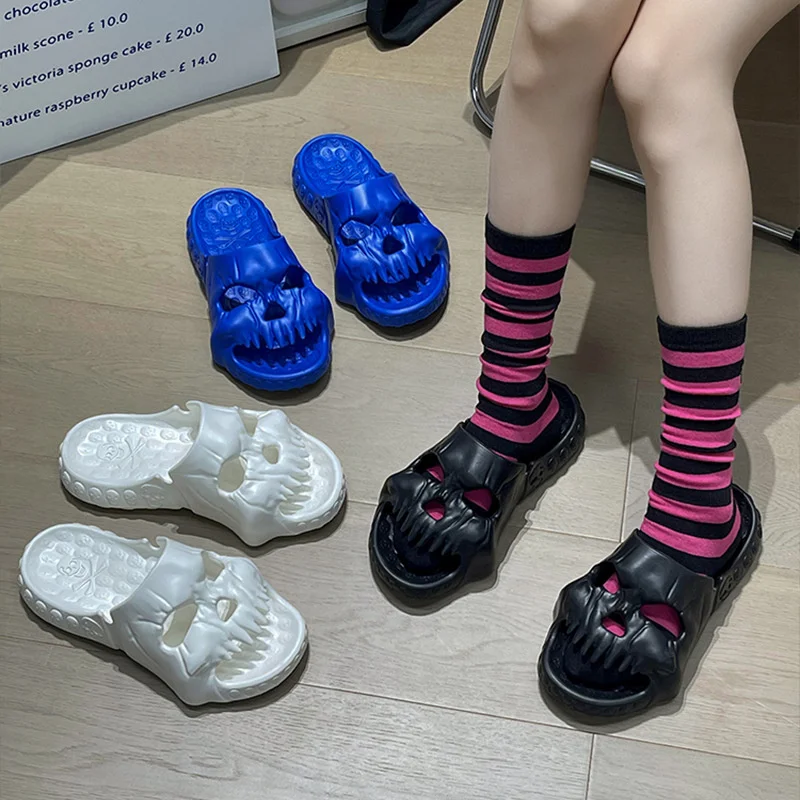 Punk Gothic Skull Slippers Men's Women Summer Ins Fashion Indoor Home Thick Soles EVA Sandals Outdoor Beach Flip Flops