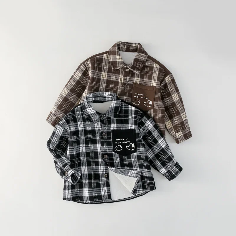 Thickened Long Sleeve Fleece Lined Baby Shirt Autumn Winter Kids Clothing Korean Style Toddler Boys Open Cardigan Top