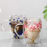 Fillings Dry Flowers Double Wall Glass Cup With Handle Heat Resistant Tea Coffee Cups Espresso Milk Mug Creative Gift 350ml 1